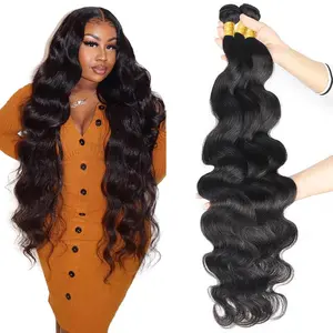 Gefily Hair [14A]Brazilian Virgin Human Hair Bundles 30inch Body Wave Straight Hair for Quick Weave 1 3 4 Bundles Natural Black Traditional Sew in Extension