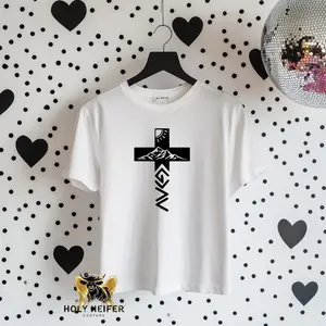 Faith Based Tee - White Casual Top with Cross Design, Short Sleeves, Suitable for Women - Womenswear