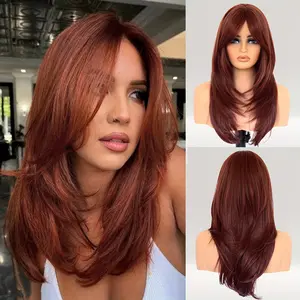 Glueless Synthetic Wig Female, Natural Straight Smooth Layered Bangs Wig, Copper Red Wig, Brown Wig, 20-Inch Shoulder Length