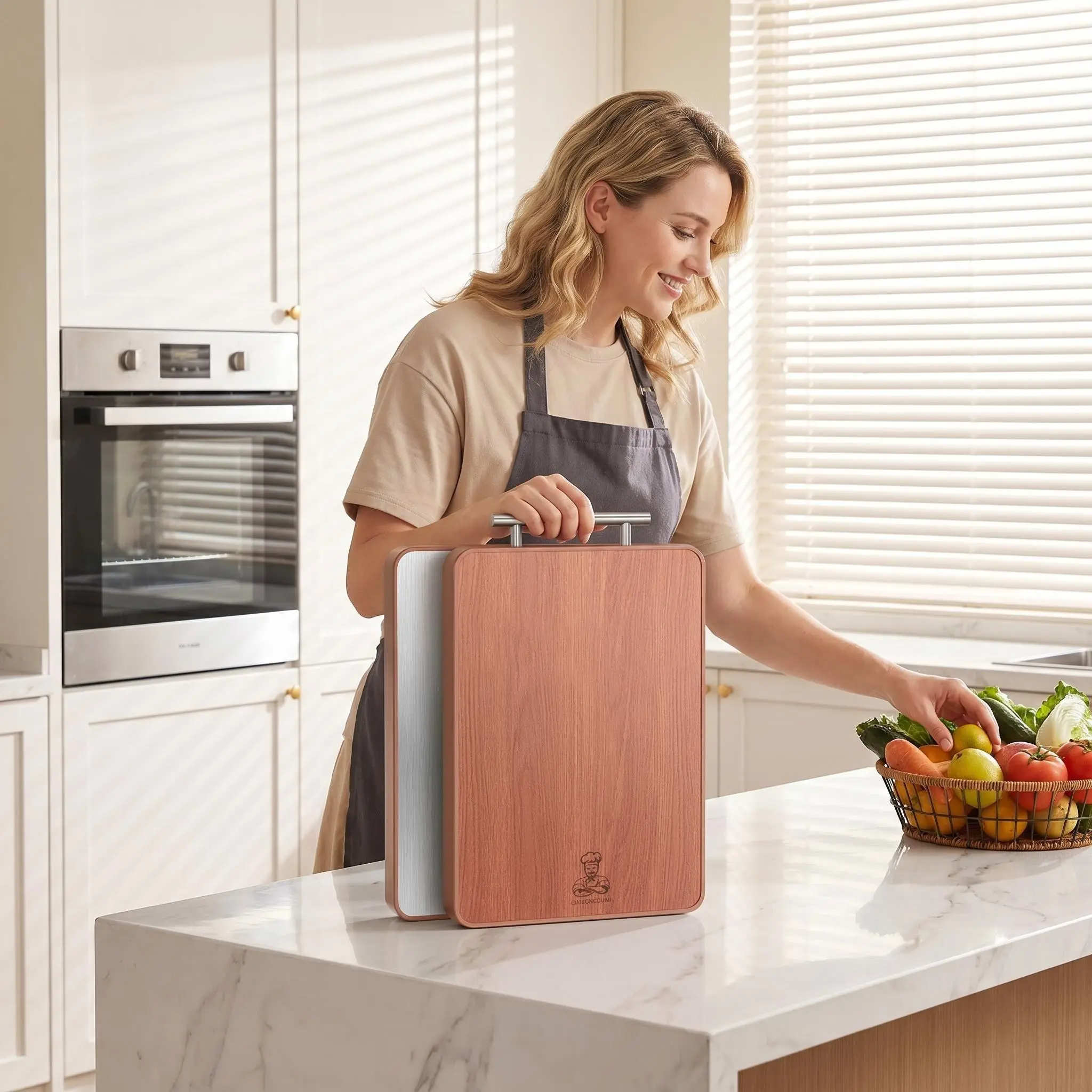 Large Thick Dual-Sided Cutting Board，Rubberwood & Stainless Steel，Multi-purpose Household Chopping Board & Dough Kneading Board