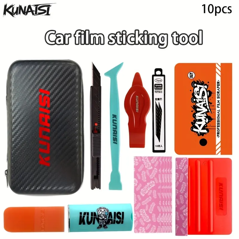 10PCS car vinyl film installation accessories, equipped with a storage box, PPF scraper, and replacement blades, a must-have Automotive tool set for car film application.