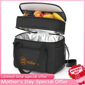 Nifogo Insulated Lunch Bag for Women Men Reusable Lunch Box for Office Picnic Hiking Beach Leakproof Cooler Tote Bag Organizer with Adjustable Shoulder Strap for Adults Black