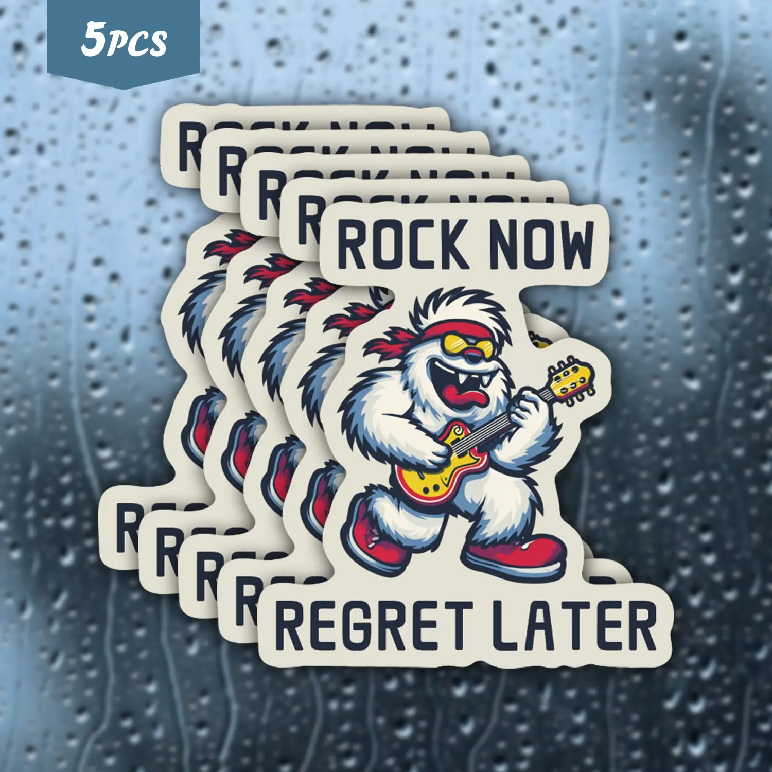 5Pcs Rockin' Yeti "Rock Now, Regret Later" Waterproof Vinyl Sticker, Self-Adhesive Decal, Suitable For Water Bottles, Laptops, Cars, Tablets, Ideal For Rock Music Fans, Yeti Enthusiasts And Bold Individuals