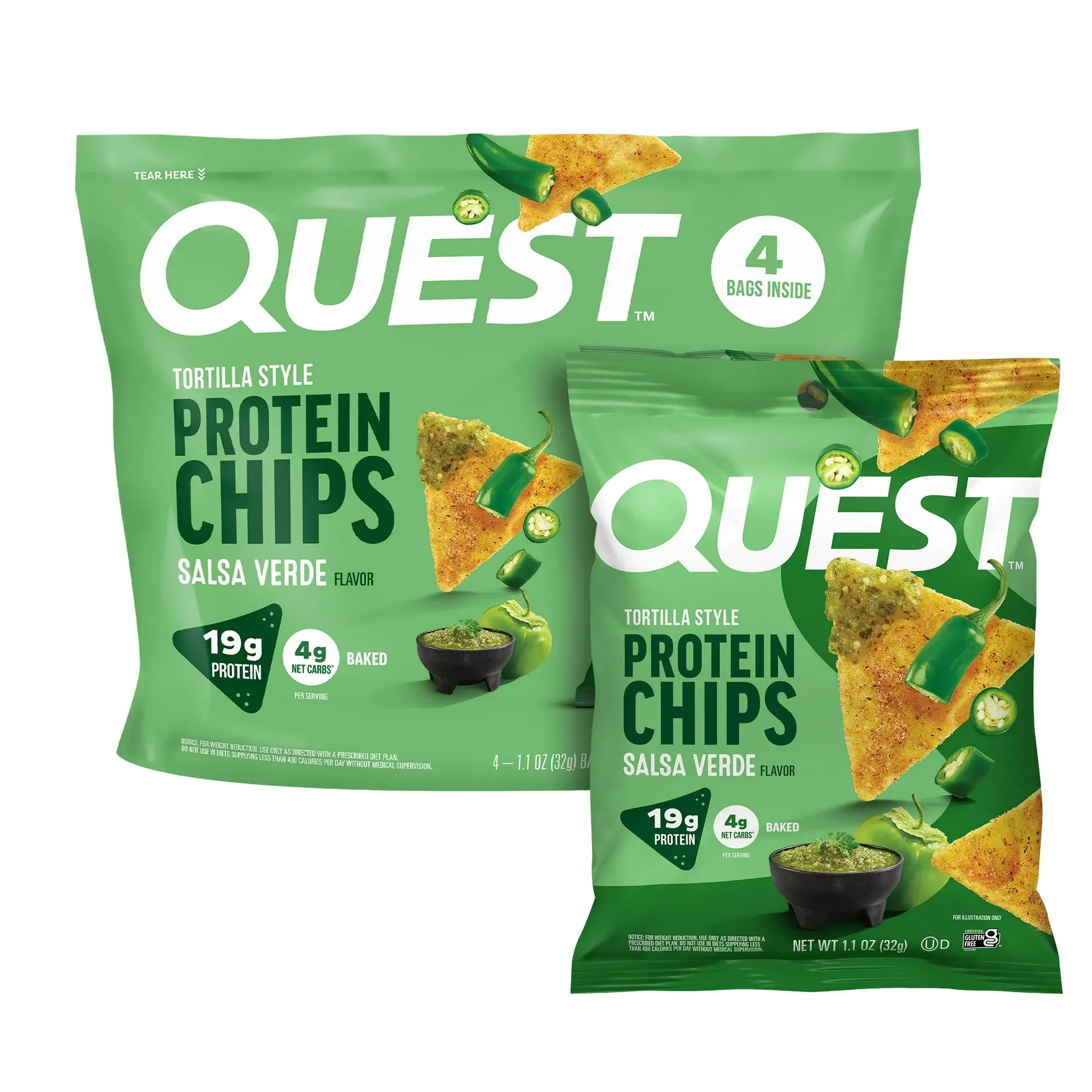 Quest Tortilla Style Protein Chips, Salsa Verde Flavored, Baked, 1.1oz, 4 Bags Snack Crispy Quest Tortilla Style Protein Chips, Salsa Verde Flavored, Baked, 1.1oz, 4 Bags Snack Crispy