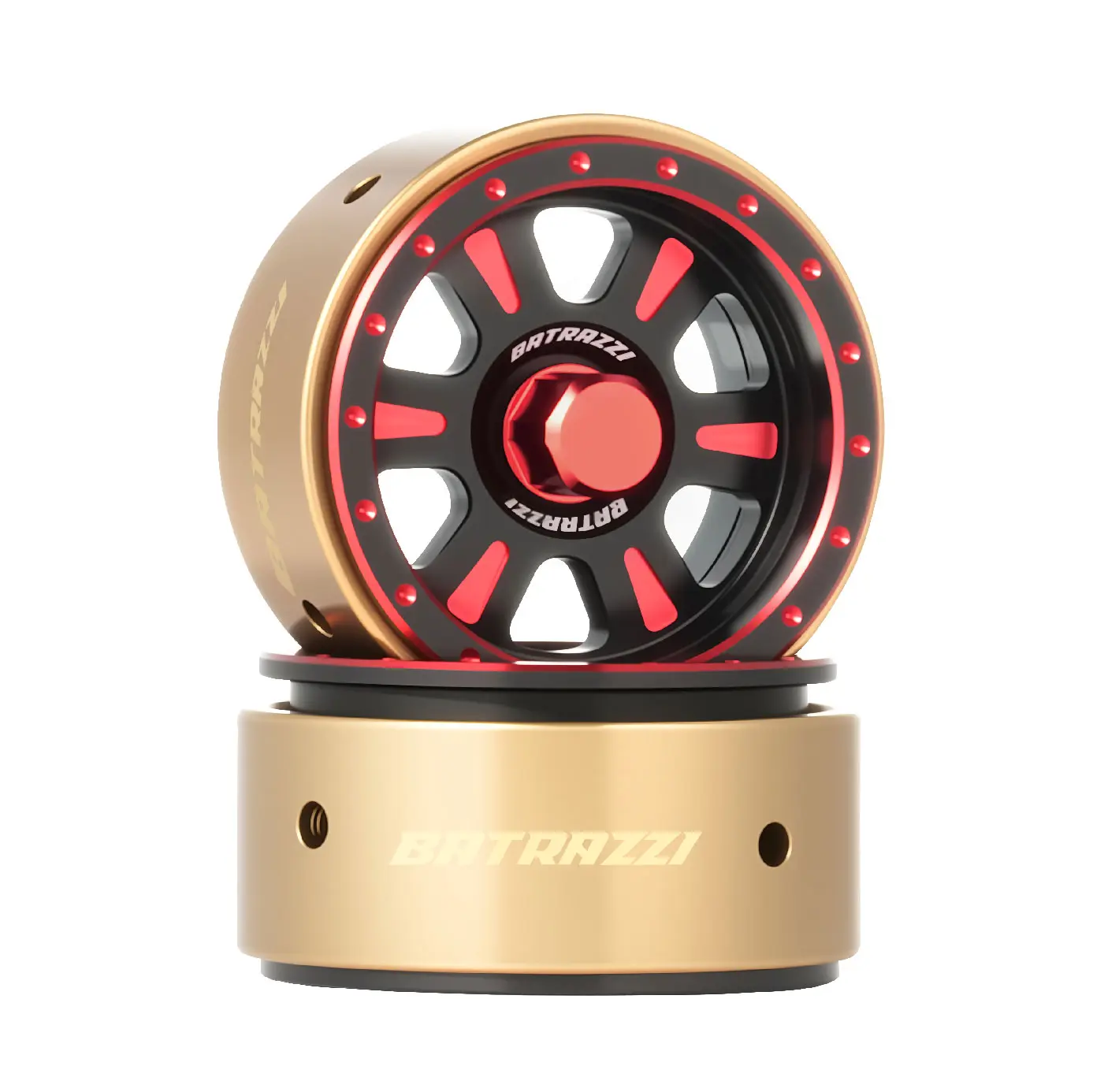 BATRAZZI 1.2” Aluminum Rogue Beadlock Metal Wheels, 2-Piece RC Car Accessories w/ Plain Red Hubcaps (2pcs), Beading Locks for Electric RC Cars