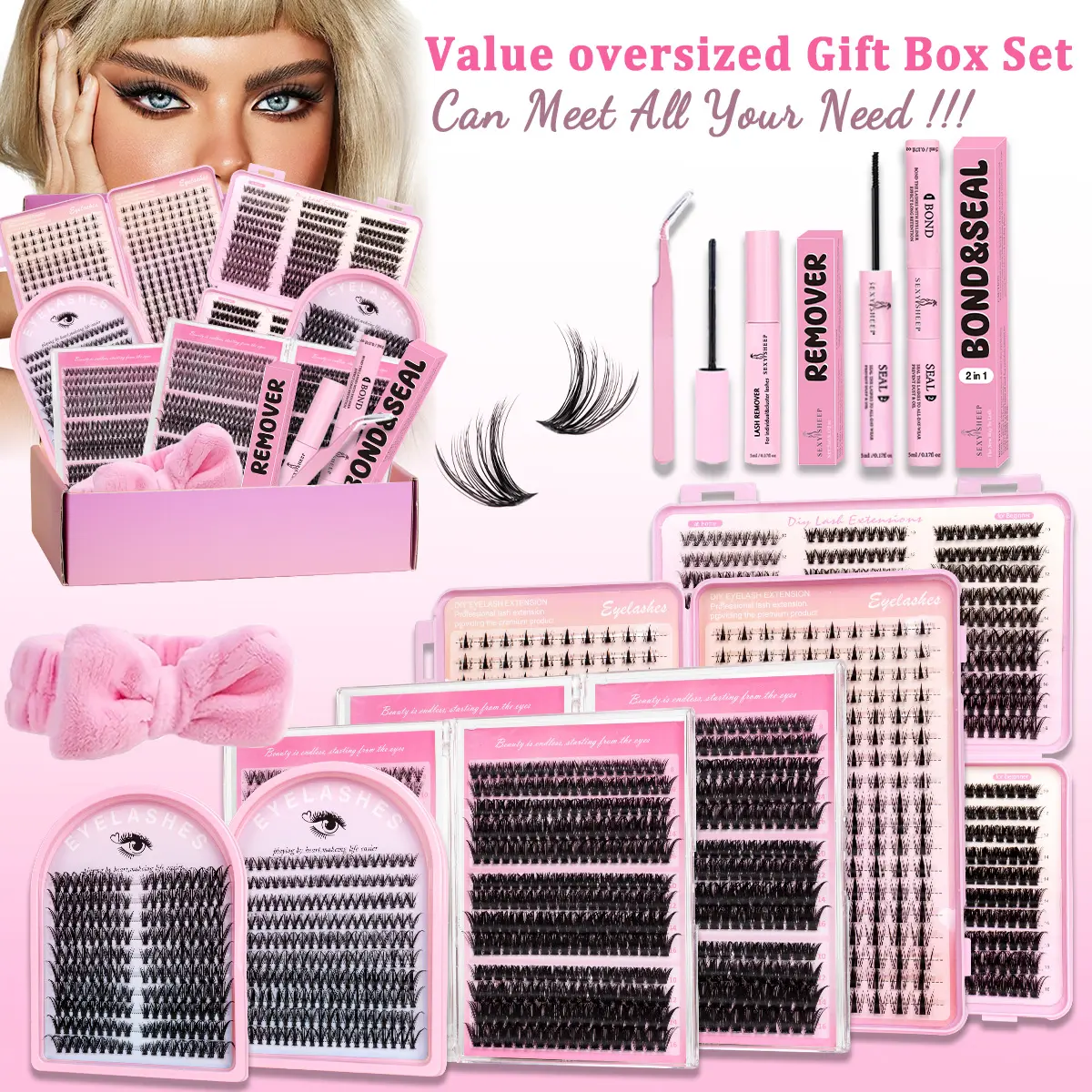 Mixed Style False Eyelash Gift Box Set, Personal Lash Extension Kit, Volume Individual Lash, Dramatic Volume Eyelash, Soft Dense Curled Lashes, Includes Glue & Tweezers, Valentine's Day Mother's Day Gift, Eyelash Extensions