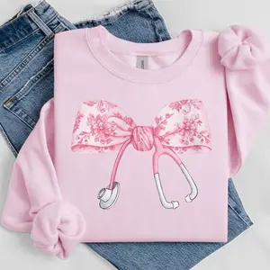 Nurse Stethoscope Bow Sweatshirt, Bow Pink Sweatshirt, Nurse Pink Hoodie, Nurse life Sweatshirt For Women, Trendy Tshirt-Cotton Sweatshirt