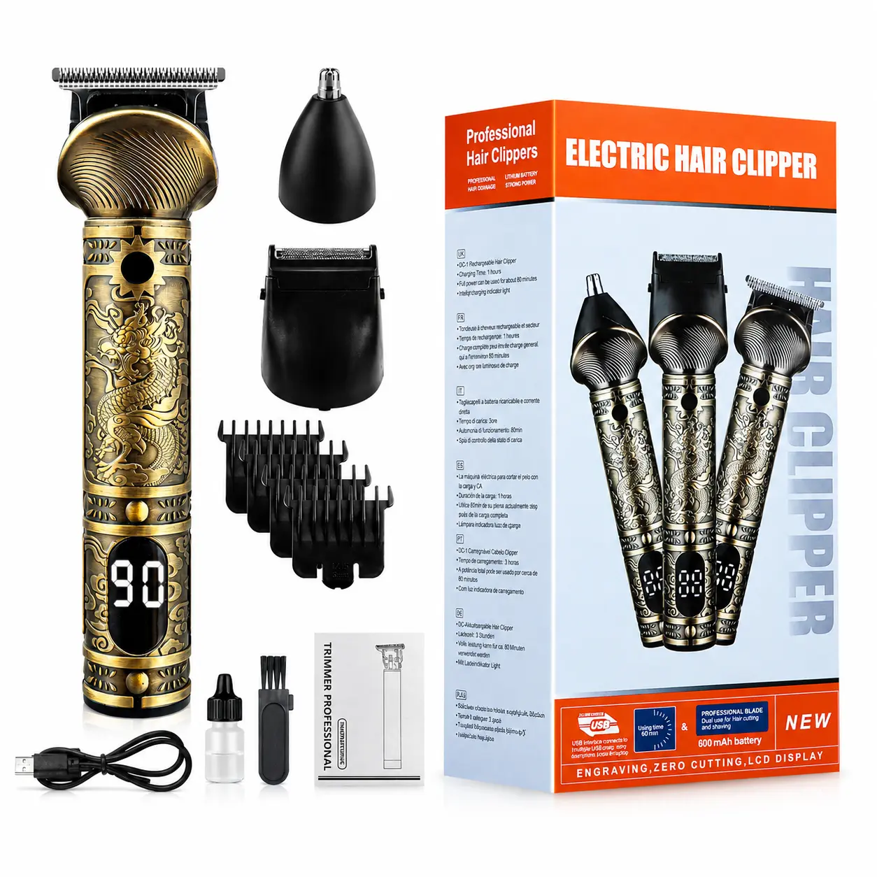 Vintage Dragon Engraved 3-in-1 Trimmer Male Grooming Kit, LCD Display USB Rechargeable Hair, Beard & Nose Trimmer Grooming Tools for Home Use