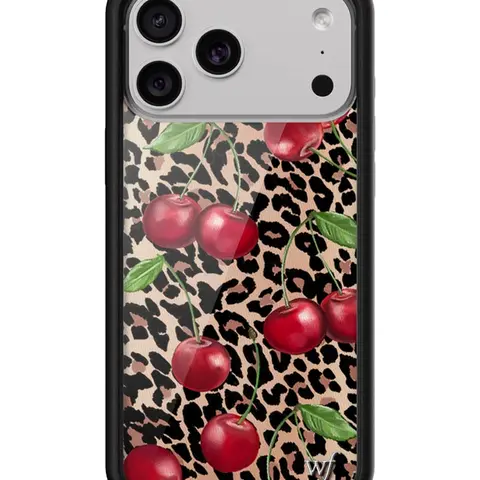 Wildflower x Ming Lee Collab Limited Edition Custom Durable Polyurethane Cellphone Cover, Black-Brown Leopard Print, Vibrant Red Cherry, Green Leaves, Raised Rubber Protection Bumper, Women's Small Business Accessory, Gift for Her