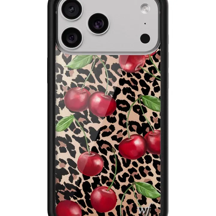 Wildflower x Ming Lee Collab Limited Edition Custom Durable Polyurethane Cellphone Cover, Black-Brown Leopard Print, Vibrant Red Cherry, Green Leaves, Raised Rubber Protection Bumper, Women's Small Business Accessory, Gift for Her