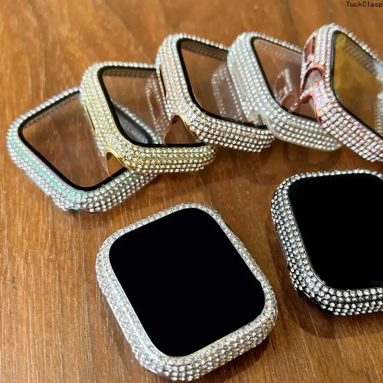 2-in-1 Ultra-Thin Tempered Glass Protective Case for iWatch with Screen Protector, Rhinestone Decor Smartwatch Cover Compatible with Series SE/9/8/7/6/5/4/3/2/1, Stylish Protective Accessory for Everyday Wear