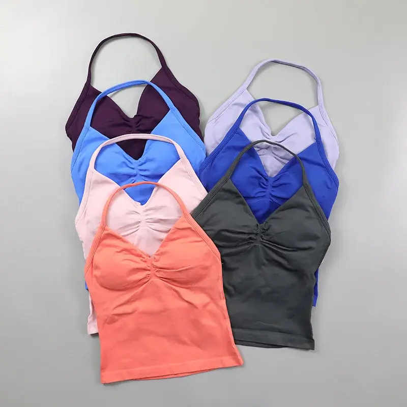 Impact Longline Strappy Top Women Seamless Yoga Tank Tops Ruched Backless Gym Clothes Workout Sleeveless Shirts With Buit In Bra Fitness Activewear Athletic Activewear