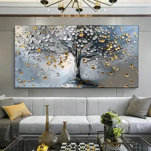 1pcs framed canvas painting - modern silver and gold textured trees canvas painting art room, modern canvas poster for living room, bedroom, office, gift giving, ready to hang