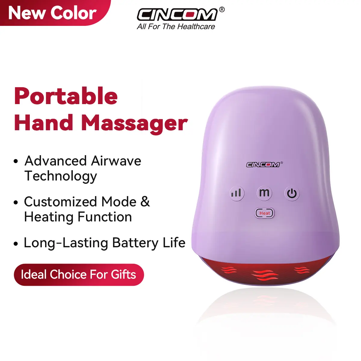 CINCOM Cordless Vibratory Hand Massager (Purple) - Portable Pain Relief, Multi-Mode Massage Device with Comfort Heat, Adjustable Settings, Auto-Off, Rechargeable, Ideal Choice for Gifts