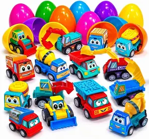 8-Pack Colorful Prefilled Easter Eggs Bulk with Pull-Back Mini Construction Engineering Car Toys, Plastic Filled Easter Eggs, Boys' Basket Fillers, Party Favors, Goodie Bag Supplies
