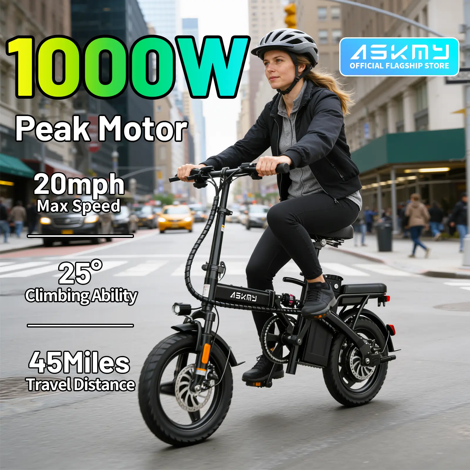 ASKMY E14 Compact Folding Electric Bike, 1000W Powerful Motor, 45 Mile Long Range | 14" Tubeless Fat Tires, Dual Disc Braking System | UL Certified Battery, Lightweight Urban Commuter E-Bike