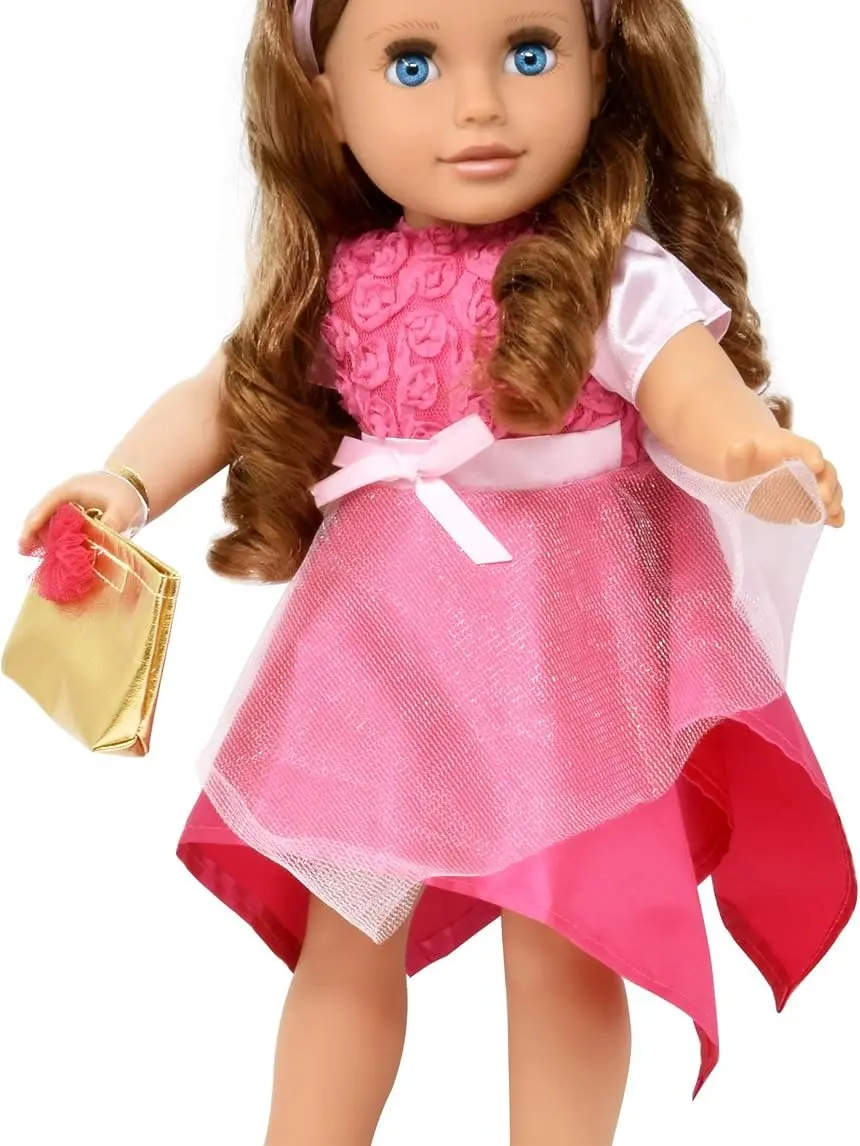 Gift Boutique 18-Inch Fashion Doll for Girls – Princess Doll with Curly Hair for Styling, Pink Dress, Shoes, Purse & Accessories – Soft Body Poseable Doll for Kids Ages 3+ - Meagan