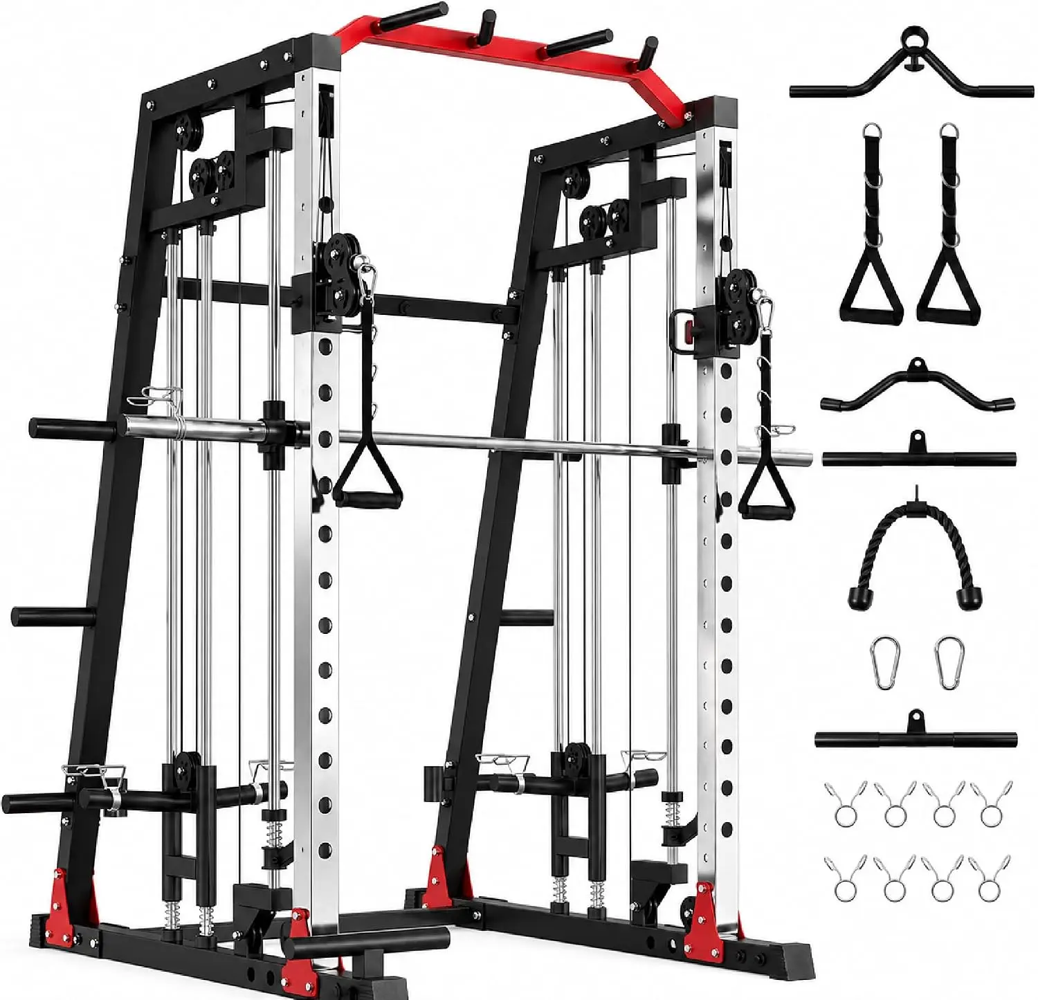 Power Cage Smith Machine - Dual Cable Pulley, LAT Pulldown, Leg Hold-Down, Squat Rack, Pull-Up Bar, Landmine - 2200LB Heavy Duty Complete Strength Training Equipment for Home Gym(3 Boxes)