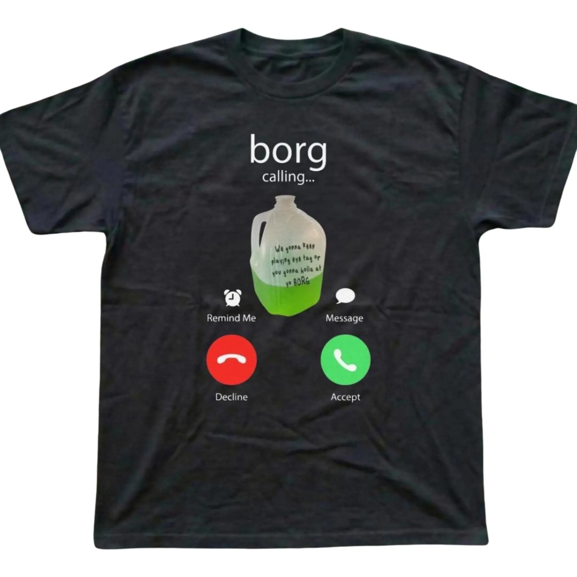 Borg Is Calling Funny Party Drink Phone Call Interface T-Shirt, Sarcastic College Alcohol Jug Screen Graphic Print, Unisex Charcoal Black Heavyweight Streetwear Tee, Humorous Gift