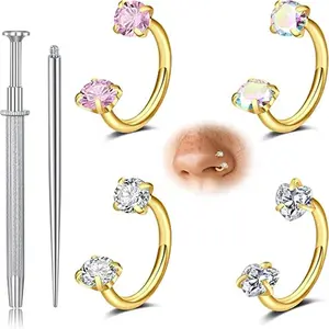 6pcs Internally Threaded Horseshoe Nose Hoop Set, 20G(0.8mm)/18G(1.0mm) 8mm Artificial Gemstone Nose Rings with Free Ball Holder, Nose Rings Set