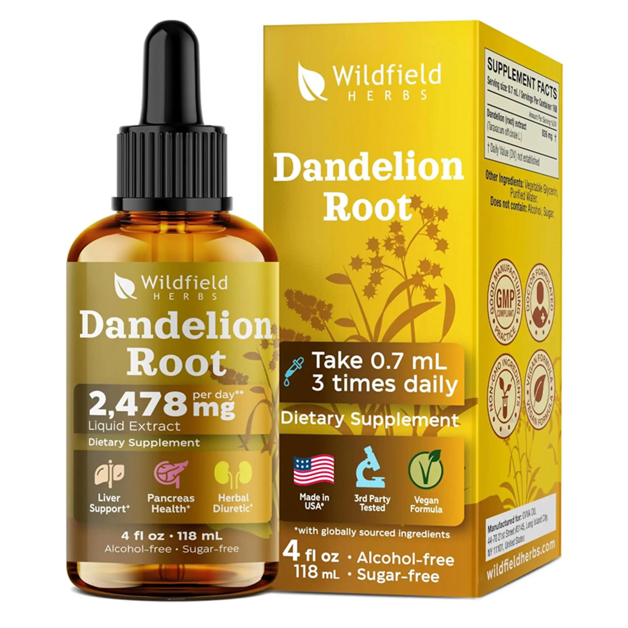 WILDFIELD HERBS 4 oz Dandelion Root Extract Liquid Drops 2000mg (Taraxacum officinale L.) Herbal Supplement, 160 Servings, Alcohol-Free Tincture