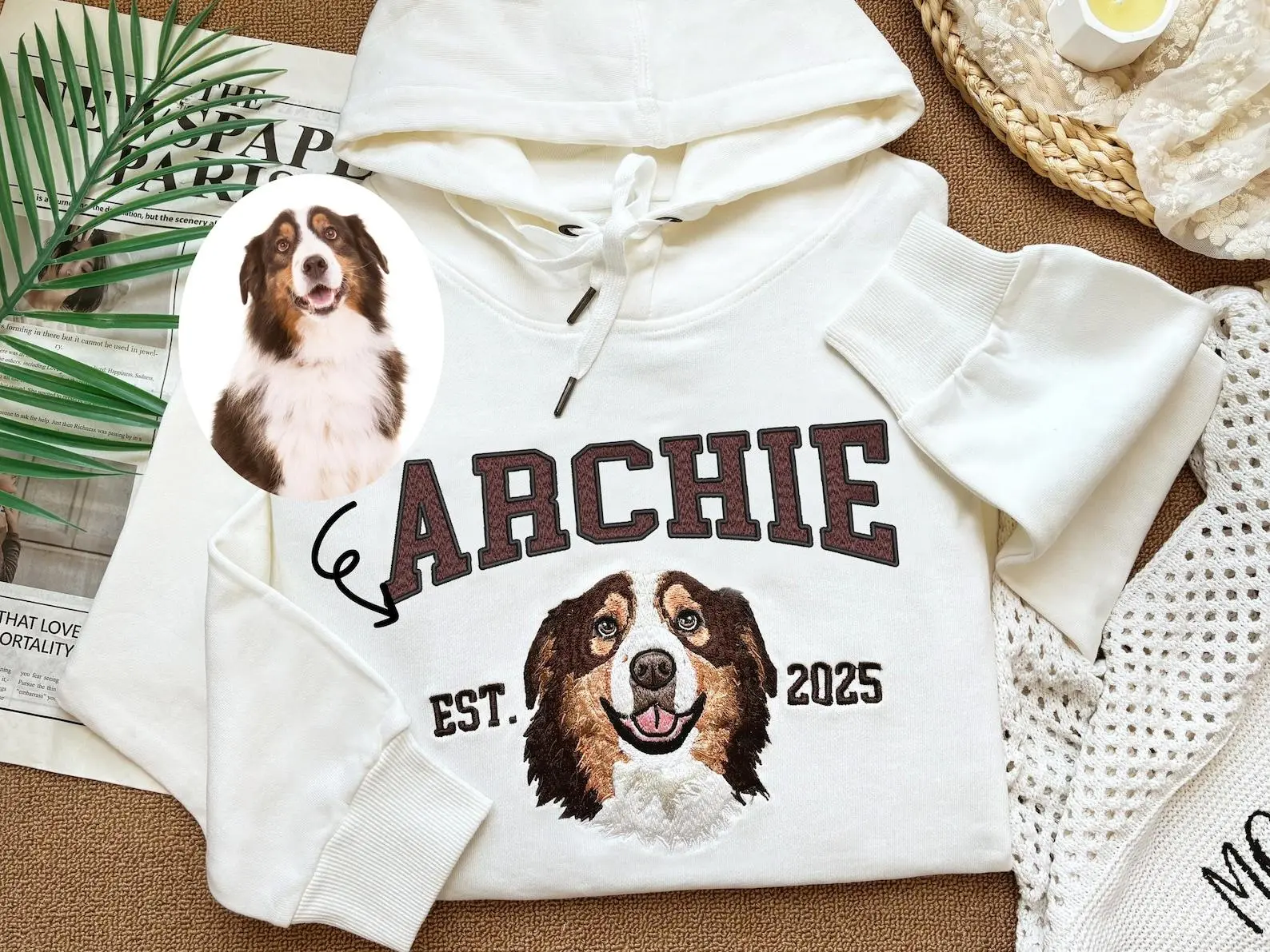 Custom Pets Hoodie, Faux Embroidery Effect Pet Portrait Sweatshirt, Personalized “Name + EST Year” Design, Upload Your Pet Photo via Message