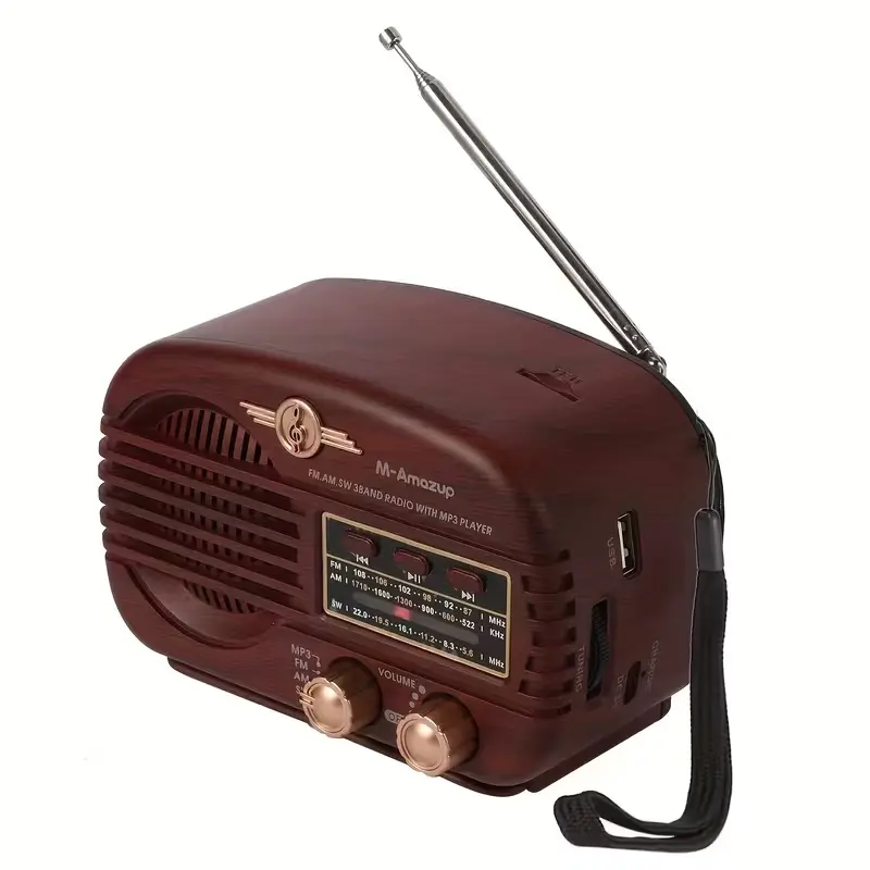 Easy-to-operate radio for seniors — M-Amazup vintage AM/FM/SW radio, Bluetooth MP3 player with large knobs, 1500 mAh battery, portable gift for elderly parents
