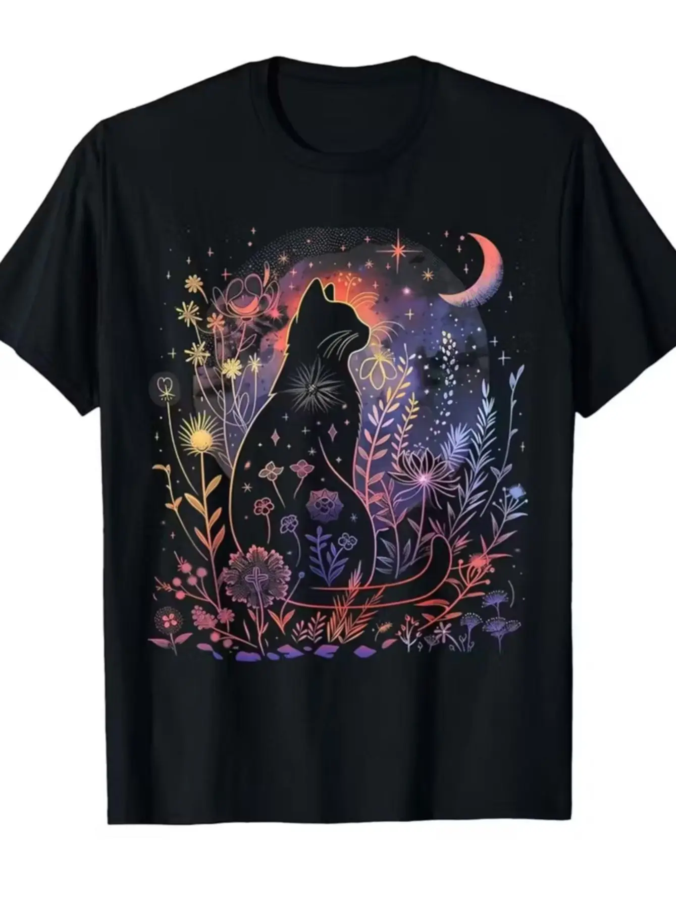 Boho Black Cat Crescent Moon Wildflower T-Shirt for Men & Women - Starry Night Floral Graphic, Soft Breathable Cotton Crew Neck Short Sleeve, All-Season Summer Spring Casual, Great for Daily Wear & Cat Lover Style, Machine Washable