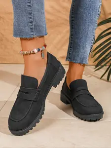 Women's Casual Fashion Loafers, Fall Winter Thick Sole Slip-On Shoes, Retro Style Low Heel Flats, Multiple Colors Available