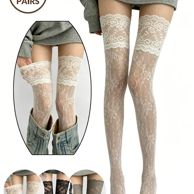 3 Pairs Women's Sexy Lace Stockings, Sheer Stockings, Floral Mesh Thigh High Socks, Breathable Long Calf Socks, Fashionable and Comfortable