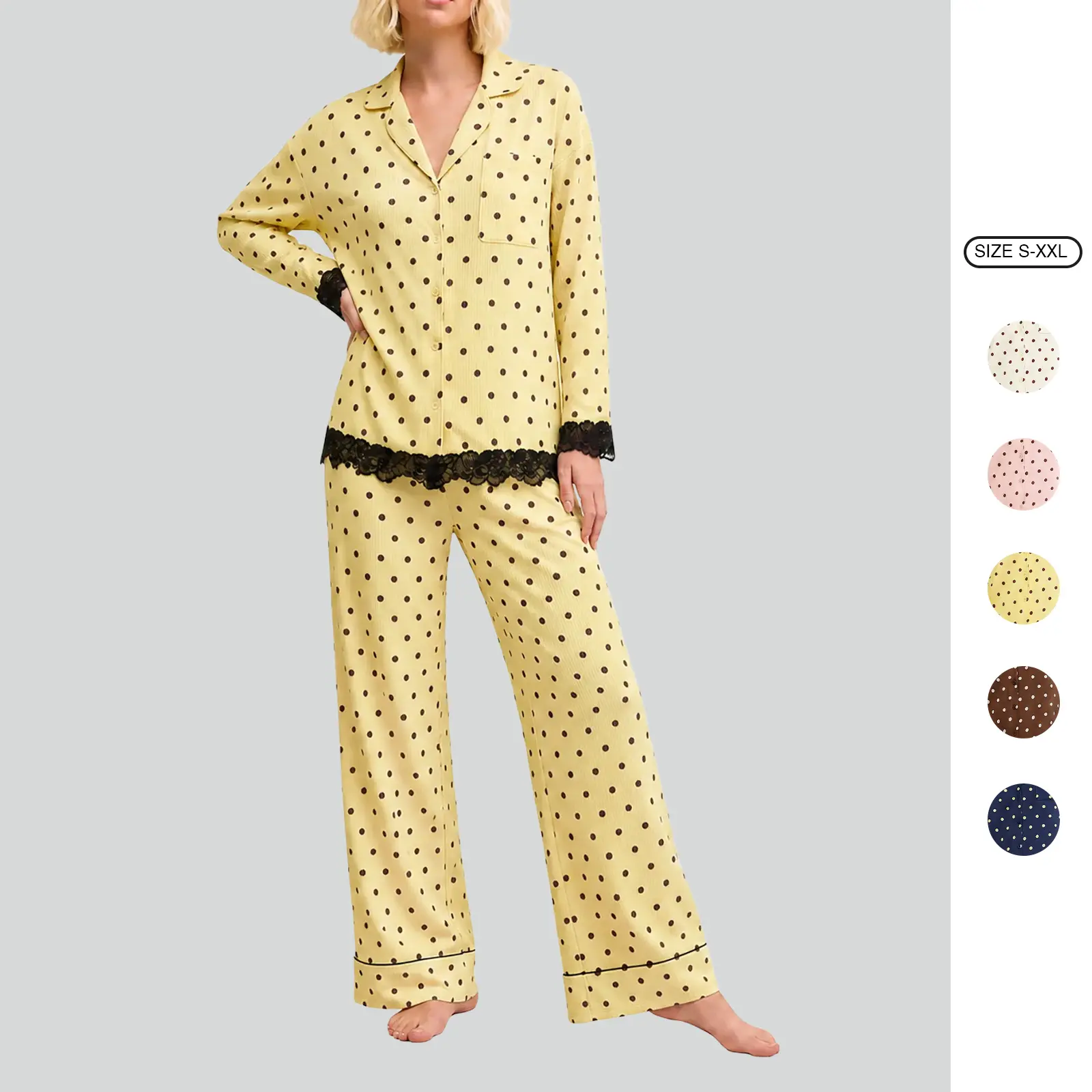 Women’s 2 Piece Polka Dot Pajama Set, Lace Trim Button Down Long Sleeve Sleepwear Top and Wide Leg Pants, Cute Soft Lounge Set Nightwear for Women
