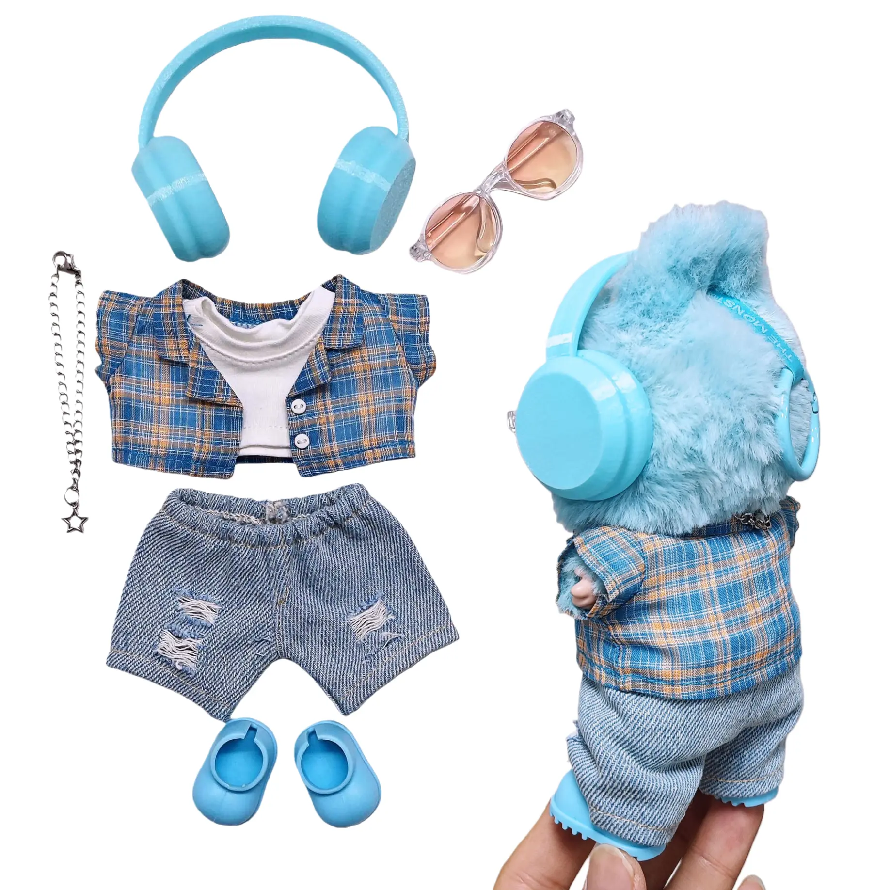 17cm Labu Doll Clothing Set - 7-Piece Blue Plaid Outfit with Overall & Stylish Accessories (Doll Not Included), Daily Doll Play