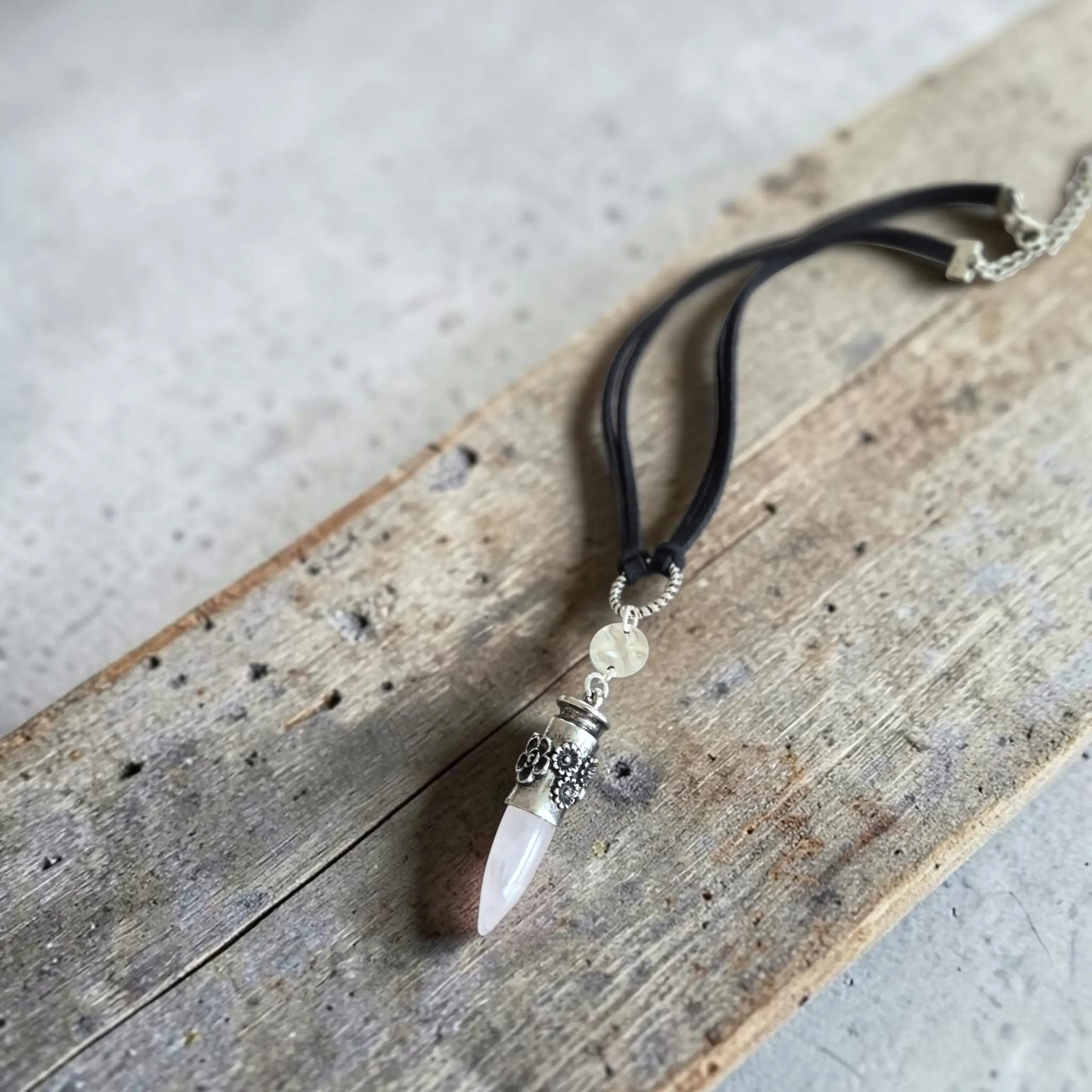 Rose Quartz Bullet on Black Leather Choker Necklace