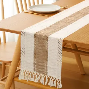 70" x 12" Natural Burlap Boho Table Runner for Home Decor with Tassels Modern Farmhouse Table Decor Rustic Macrame Burlap Table Decoration for Living Room