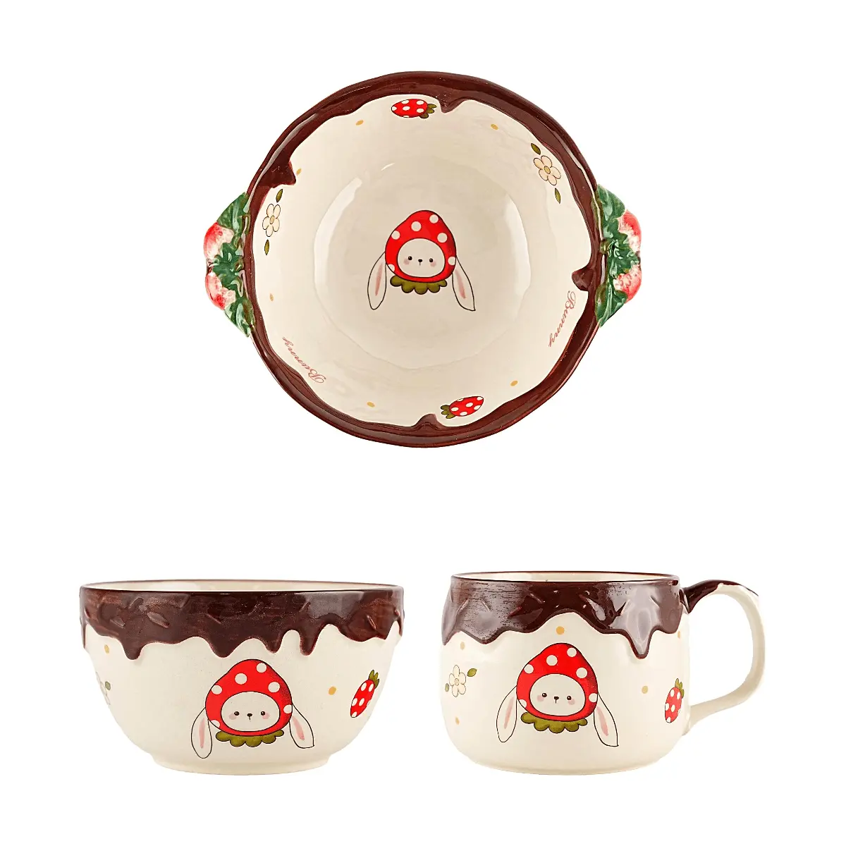 GLAZE STORY Strawberry Doll Series Ceramic Dinnerware Set - Bowl, Double Ear Bowl, Mug - Cute Kawaii Kitchenware Gift