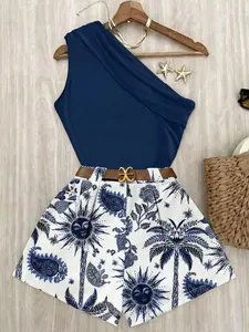 Bohemian Style Navy Blue One-Shoulder Vest, Loose and Slim-Fit Beach Vacation Top + Bohemian Style Paisley Print Shorts, Retro Ethnic Style High-Waisted Slim-Fit Hot Pants Set, Beach Vacation Outfit