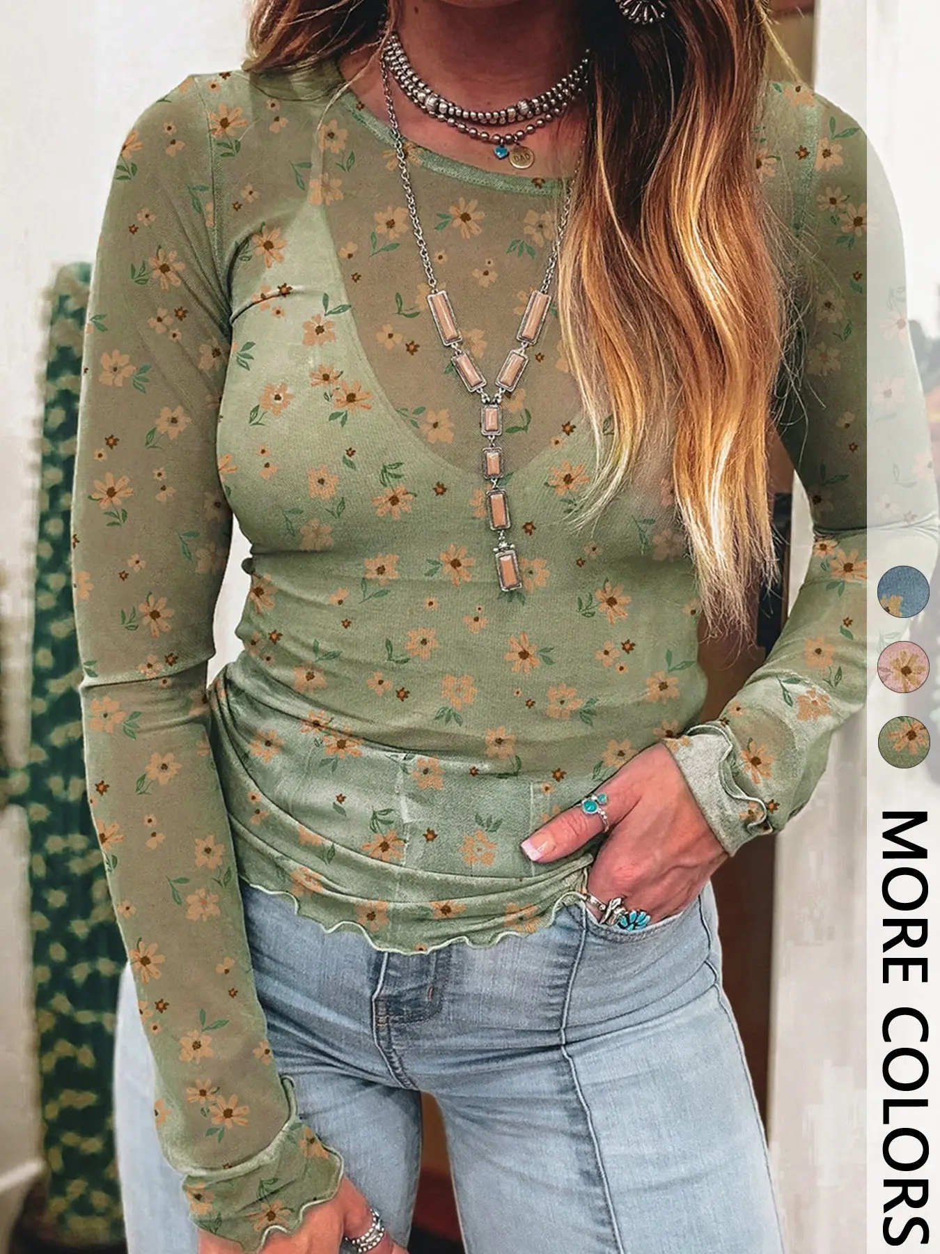 1 Piece Boho Style Vintage Floral Sheer Casual Long-Sleeve Top Womenswear Euro-American Vintage Aesthetic Semi-Sheer Texture + Slim Fit Ideal for Girls' Brunch / Park Strolls