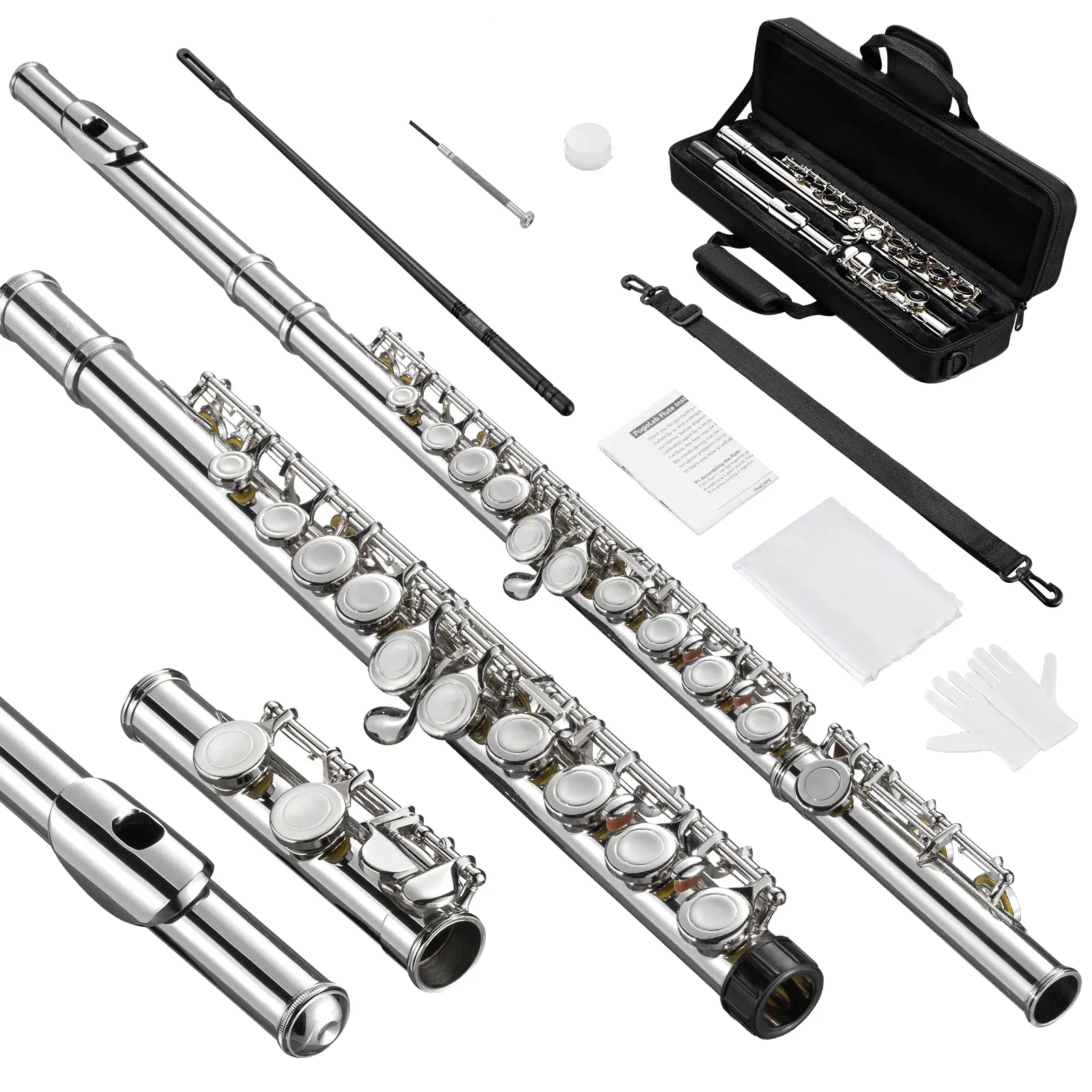 POGOLAB Closed Hole C 16 Keys Flute Instrument, Student Flute for Beginner Advanced Player with Flute Cleaning Kit, Carry Bag, Stand, Strap, Probe Rod, Gloves