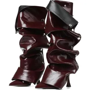 Women's Knee High Boots Stiletto Boots Pointed Toe High Heels Wide Calf Ruched Slouchy Boots Detachable Snap-off Panel Mid Calf Boots Black Boots