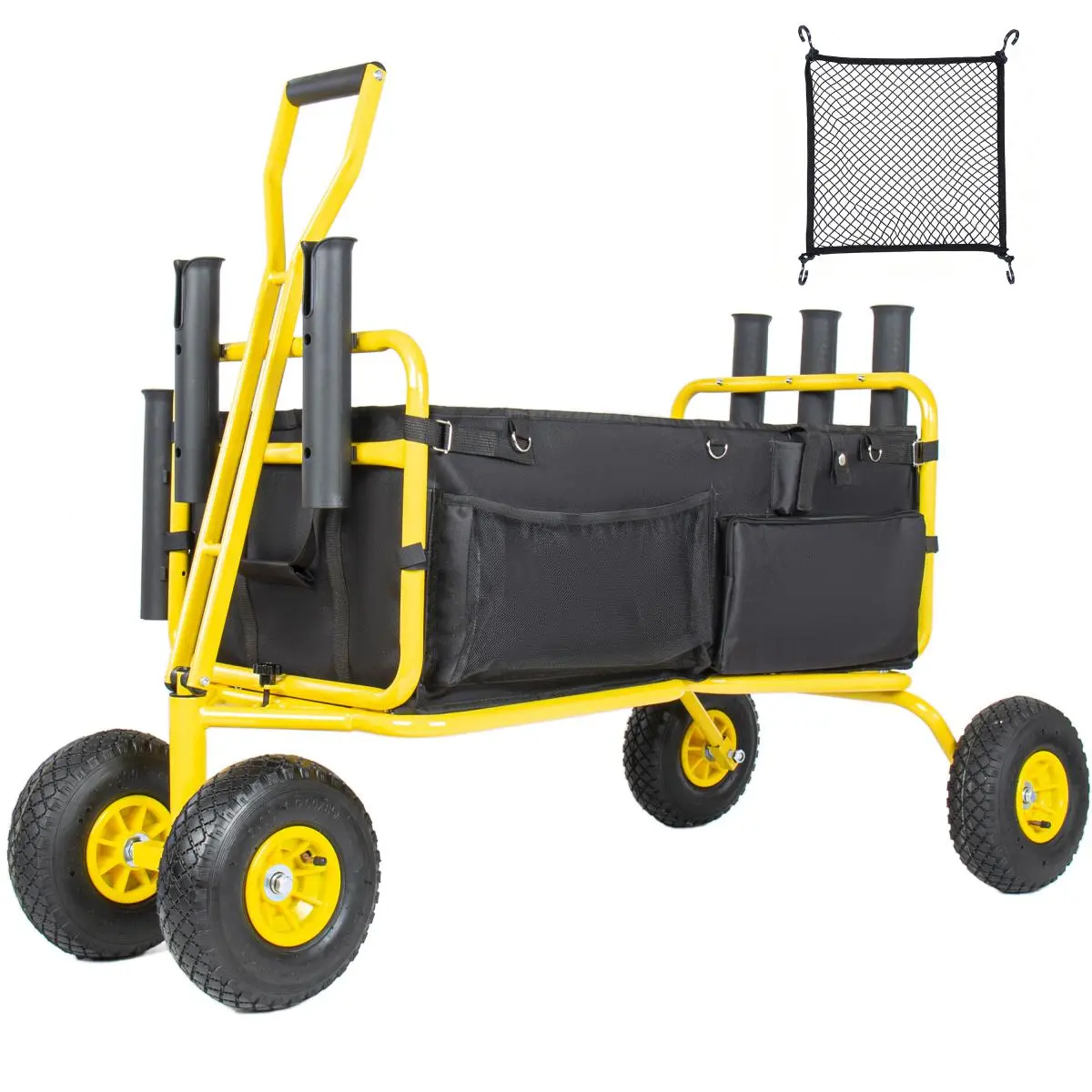 Fishing Cart Beach Cart Collapsible Wagon 9.85'' All-Terrain Wheels for Sand, Heavy Duty Garden Cart with Rod Holders,Umbrella Holder and Storage Pockets, 550lb Large Capacity