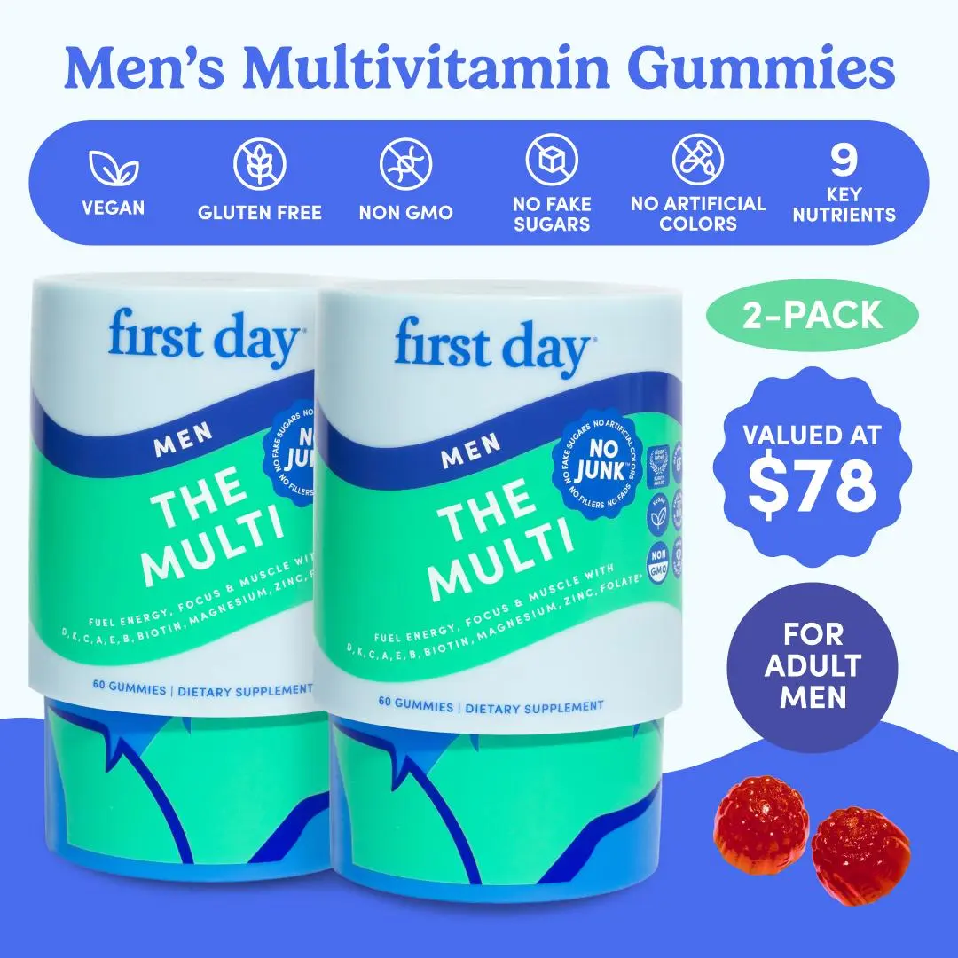 First Day Men's Daily Multivitamin Gummies 18+ (2 Pack), Natural Orange Flavor — 21 Organic Superfoods, 13 Key Nutrients, Vitamin C D3 B12 Magnesium Zinc Biotin — Immunity, Energy, Focus, Heart Health, Bone Health — 60-Day Supply, Vegan, Non-GMO, No Junk