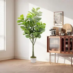 Artificial Fiddle Leaf Fig Tree 5FT or 6FT Tall Faux Ficus Lyrata in White Pot for Indoor Outdoor Decor, Realistic Greenery Plant for Home Office Living Room, Housewarming or Christmas Gift
