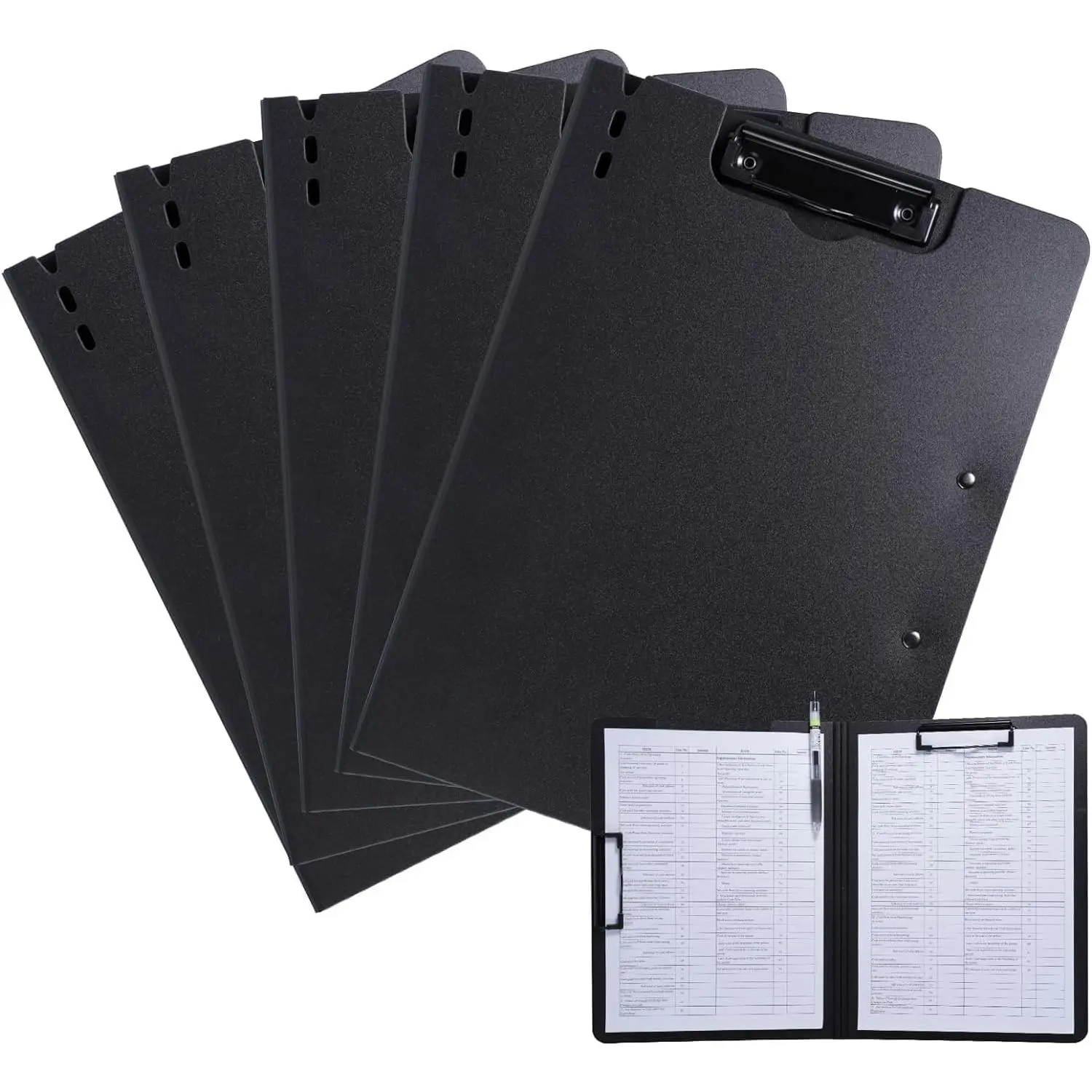 Clipboard Folder, 5 Pack A4 Foldable Clipboard with Horizontal and Vertical Double Metal Clips, 360 Degree Foldable Binder Clipboard with Pen Holder, File Cover Folder Clipboards, Black