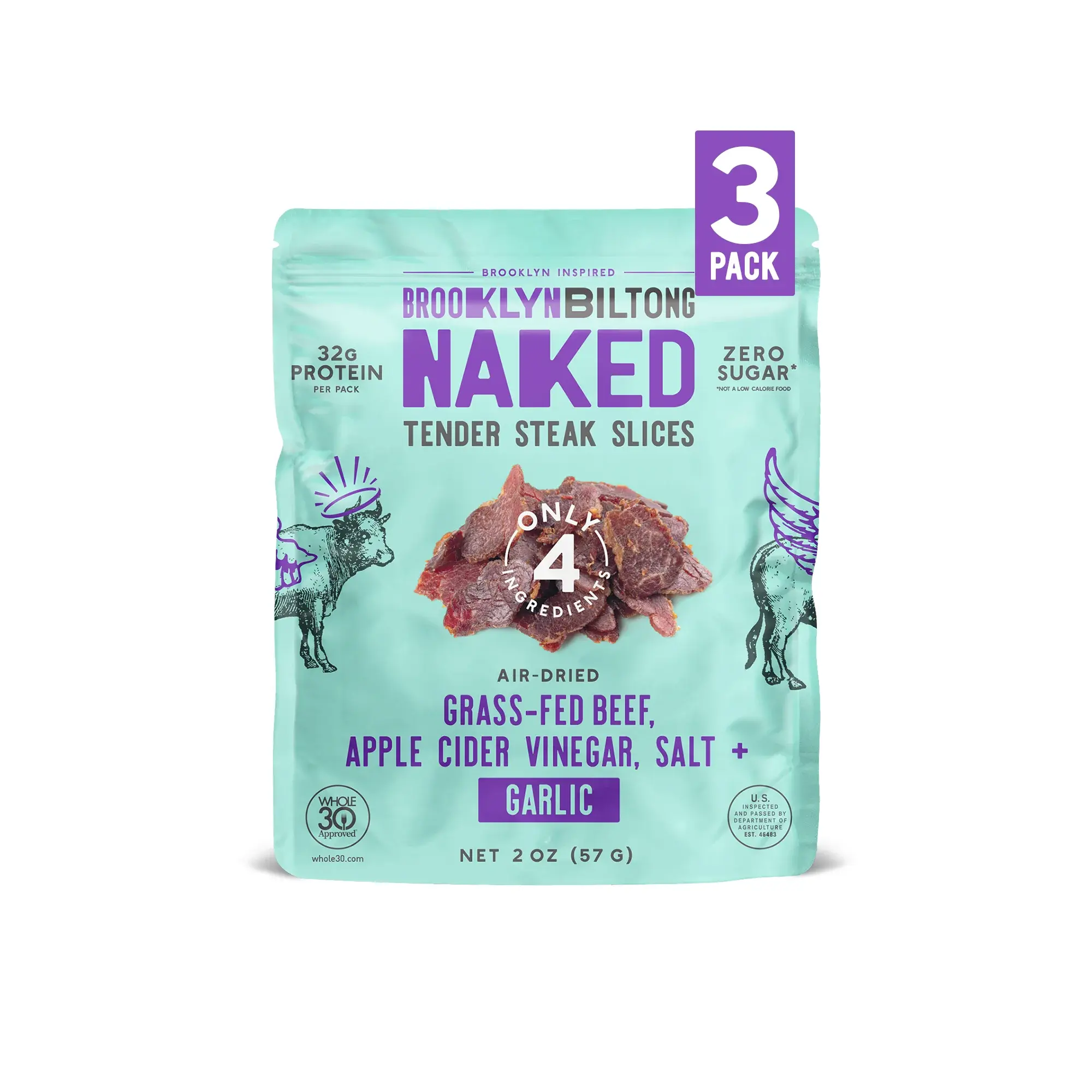 Naked Garlic Tender Air-Dried Steak Slices, The Ultimate High Protein Snack, No Sugar Gluten Free - 3 x 2oz Bags
