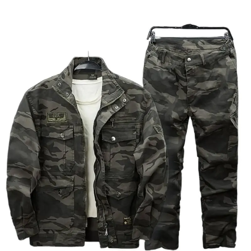 Men's Stylish Long Stretch Twill Camouflage Workwear Suit - Matching Breathable Durable Jacket, Welder/Auto Repair Uniform, Spring/Autumn Pocketed Sweat-Ready Customizable Outfit