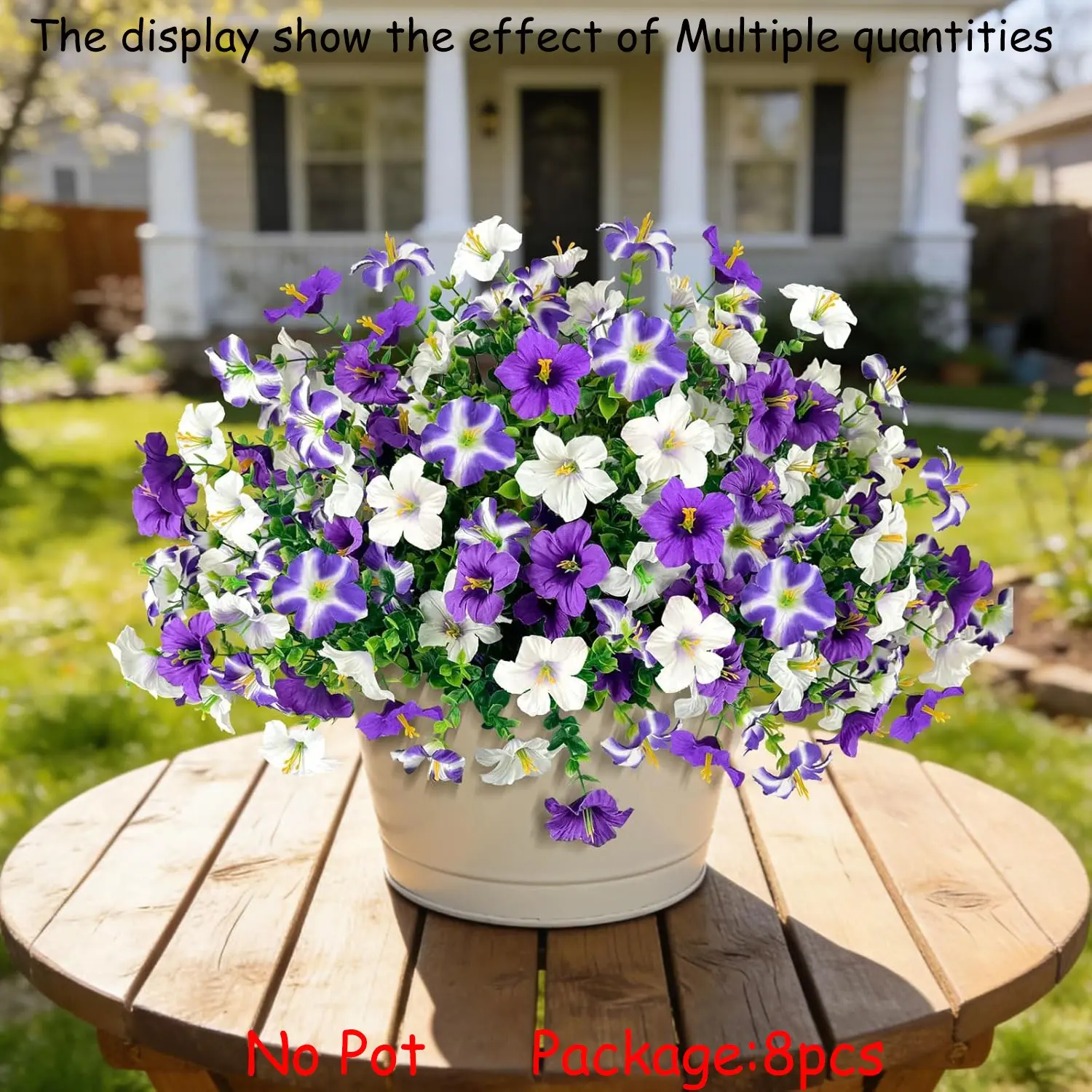 8PCS Artificial Flowers for Outdoors, Set, Artificial Petunias with Eucalyptus, UV Resistant, Fake Flowers for Pot, Front Door, Porch, Yard, Patio, Decorative Plants, Artificial Flower Decorations, Easy Maintenance, Versatile Usage