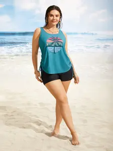 【Summer Turn-Up】BlOOMCHIC Plus Size Island Print Drawstring Adjustable Swim Top Tankini set top Swimsuit Tankini Swimdress Teal Color Loose Fit Stretch Material Summer Beach Vacation [M-6X] 2026 Summer Pick for Mother's Day