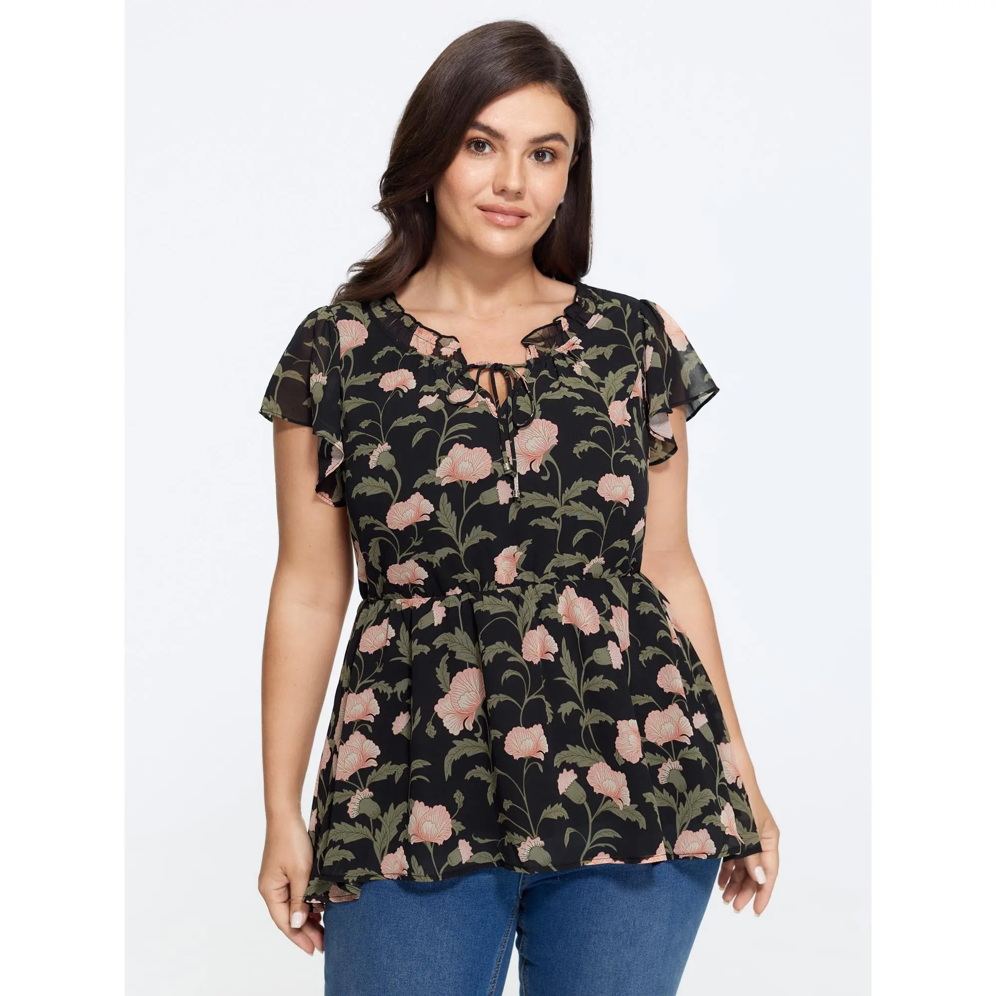 BLOOMCHIC Women's Plus Size Polyester Fabric Blouse - Tie Neck, Flutter Short Sleeves, Peplum Cut, Smooth Fit Shirts [M-6X] 2026 Summer Tops
