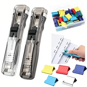 2pcs Portable Binding Clips Stapler Set, Includes 50 Reusable Clips, Desktop Push Stapler, Small Office Supplies, Office Accessories, Handheld Stapler Kit, Binder Clip