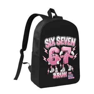 Pink Muscular Number 67 Backpack - "Six Seven Bruh" Character Design with Lightning Accents & "One Extra Bonus Design" Trendy Cute Bag for Teens